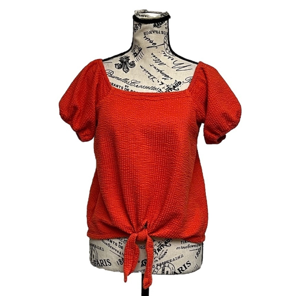 Ann Taylor LOFT Seersucker Tie Front Square Neck Puff Sleeve Top Orange XS - Picture 2 of 10
